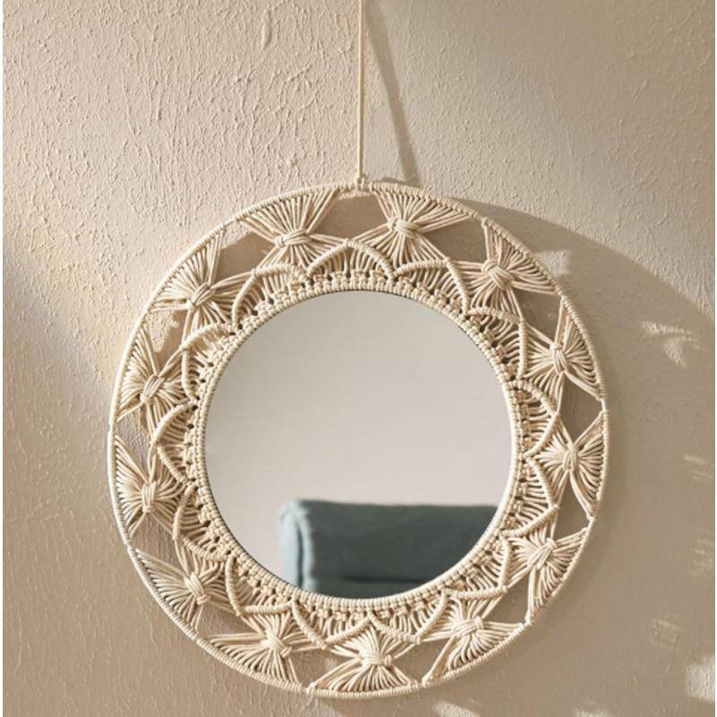 Miroir mural décoratif rond en tissu Macrame