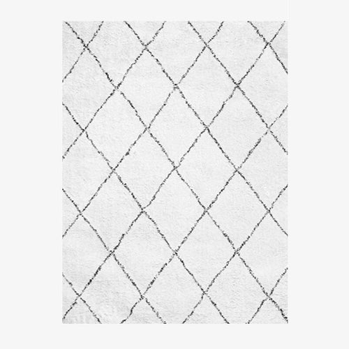 Tapis shaggy rectangle blanc à quadrillage noirs