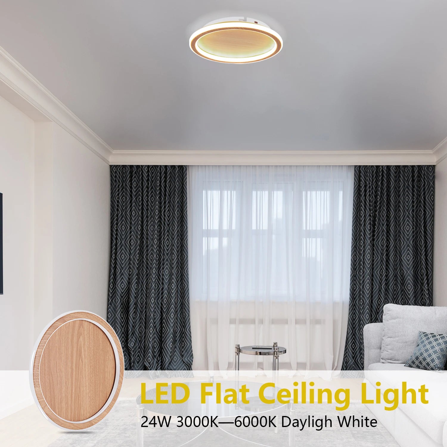 plafonnier led design nordique grain de bois éclairage intérieur décoratif - vue 3 sur 5