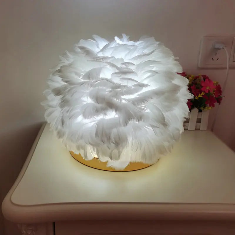 Lampe de Table en plumes roses et blanches naturelles