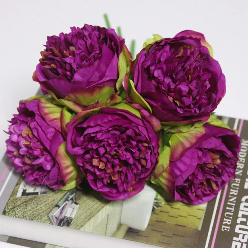 bouquet de 5 pivoines artificielles en soie pour décoration - vue 9 sur 14