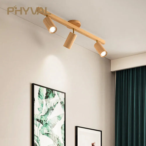 Plafonnier projecteurs spots sur rail LED nordique salon mur allée barre éclairage magasin de vêtements en bois