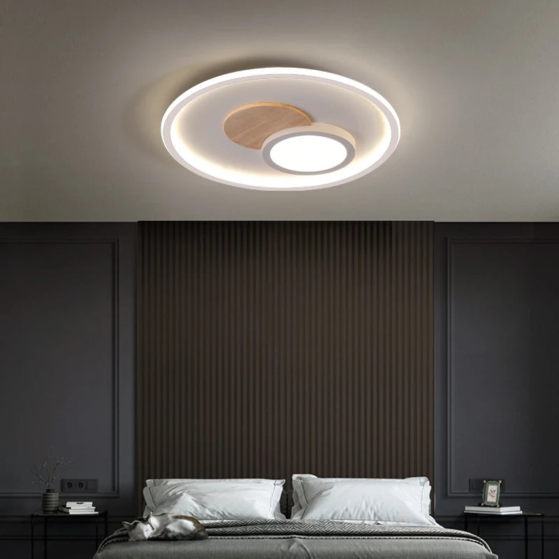 plafond moderne à leds en bois véritable éclairage rond - vue 7 sur 16
