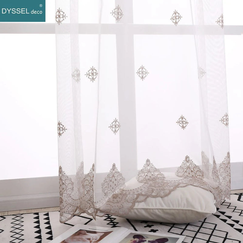 Voilage tulle brodé fleurs bord festonné style européen