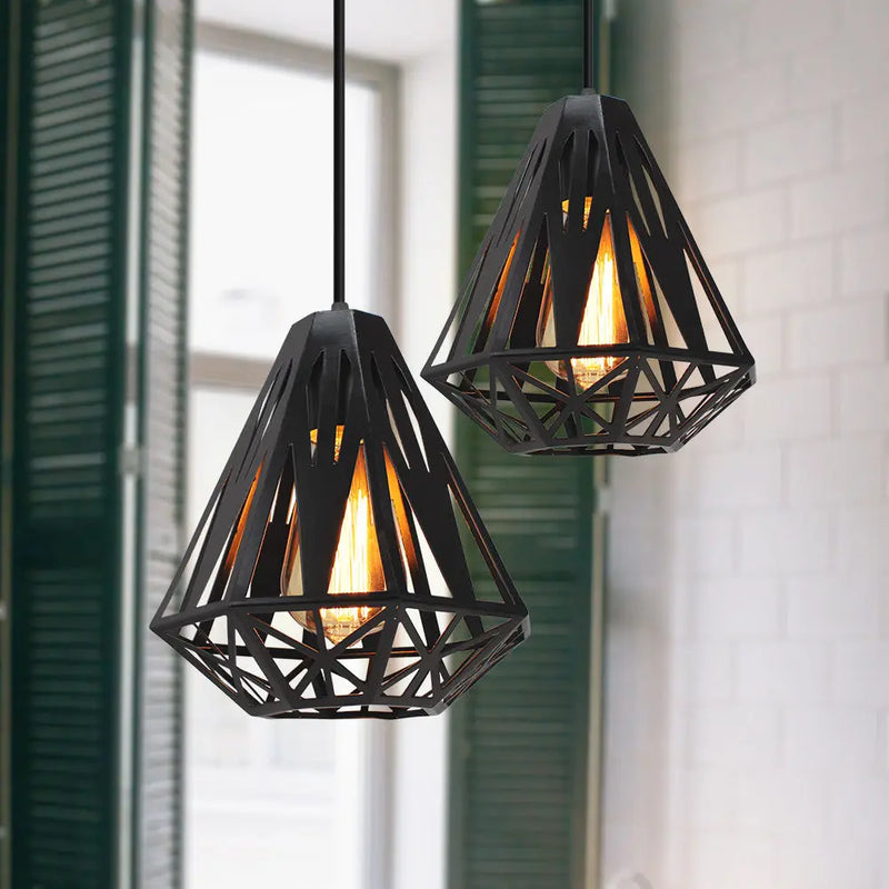 suspension industrielle vintage cage fer art diamant led