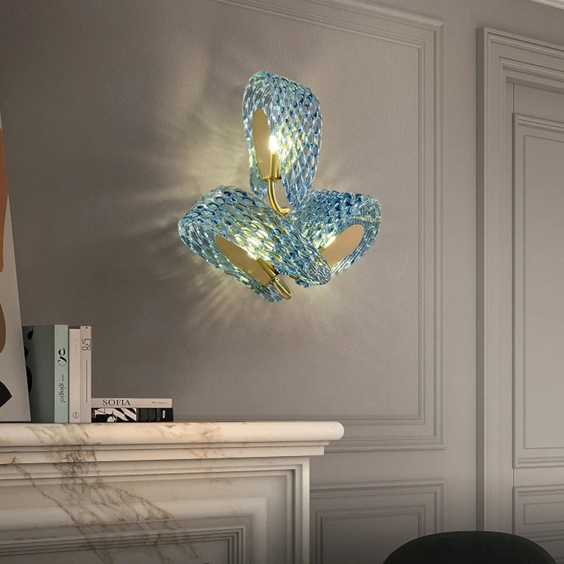 applique murale art déco en cuivre et verre bleu design élégant - vue 3 sur 14