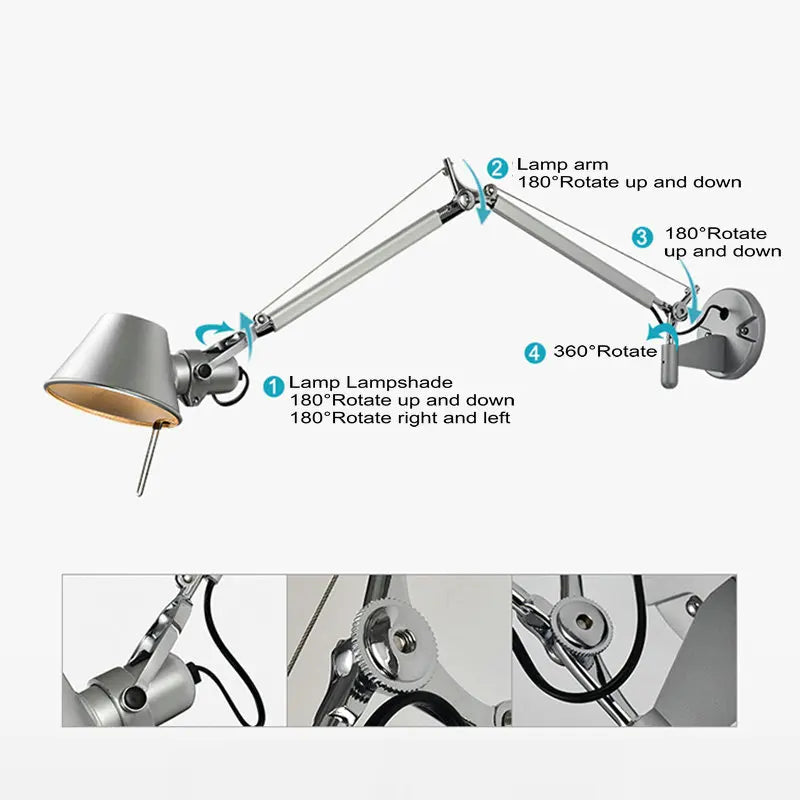 Argent noir réglable bras Long applique AC 110 V-220 V chambre chevet salon couloir E27 applique murale LED décor - vue 7 sur 12