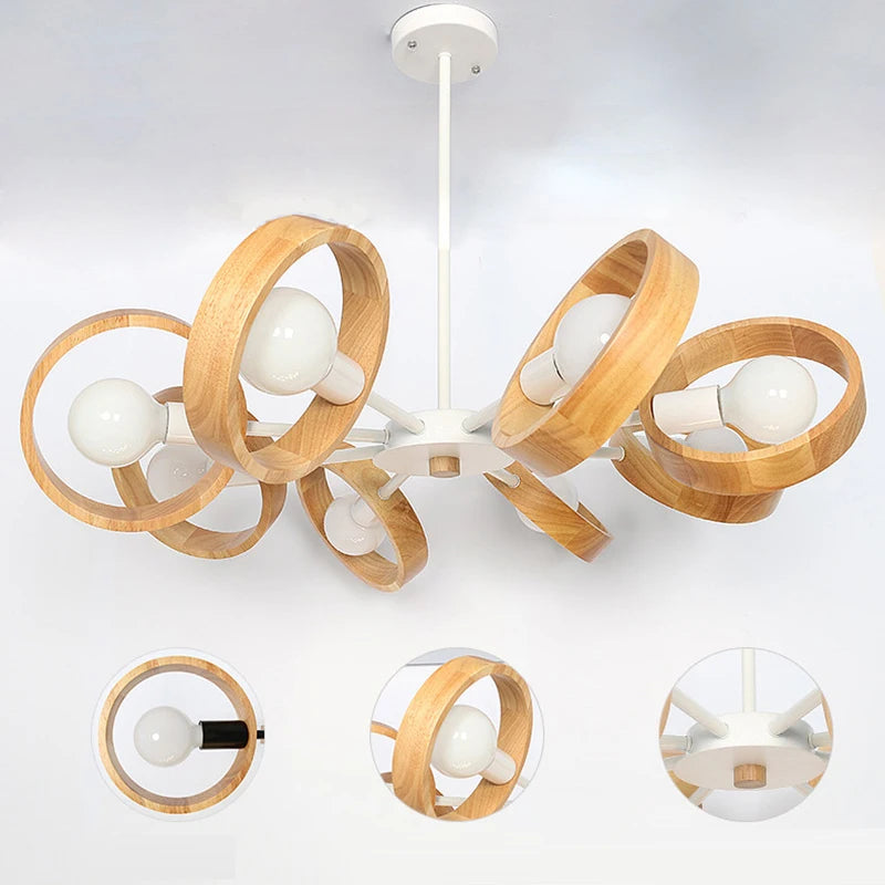 Lampe de lustre en bois nordique pour salon chambre salle à manger décor abat-jour en bois rond noir E27 Suspension - vue 7 sur 12