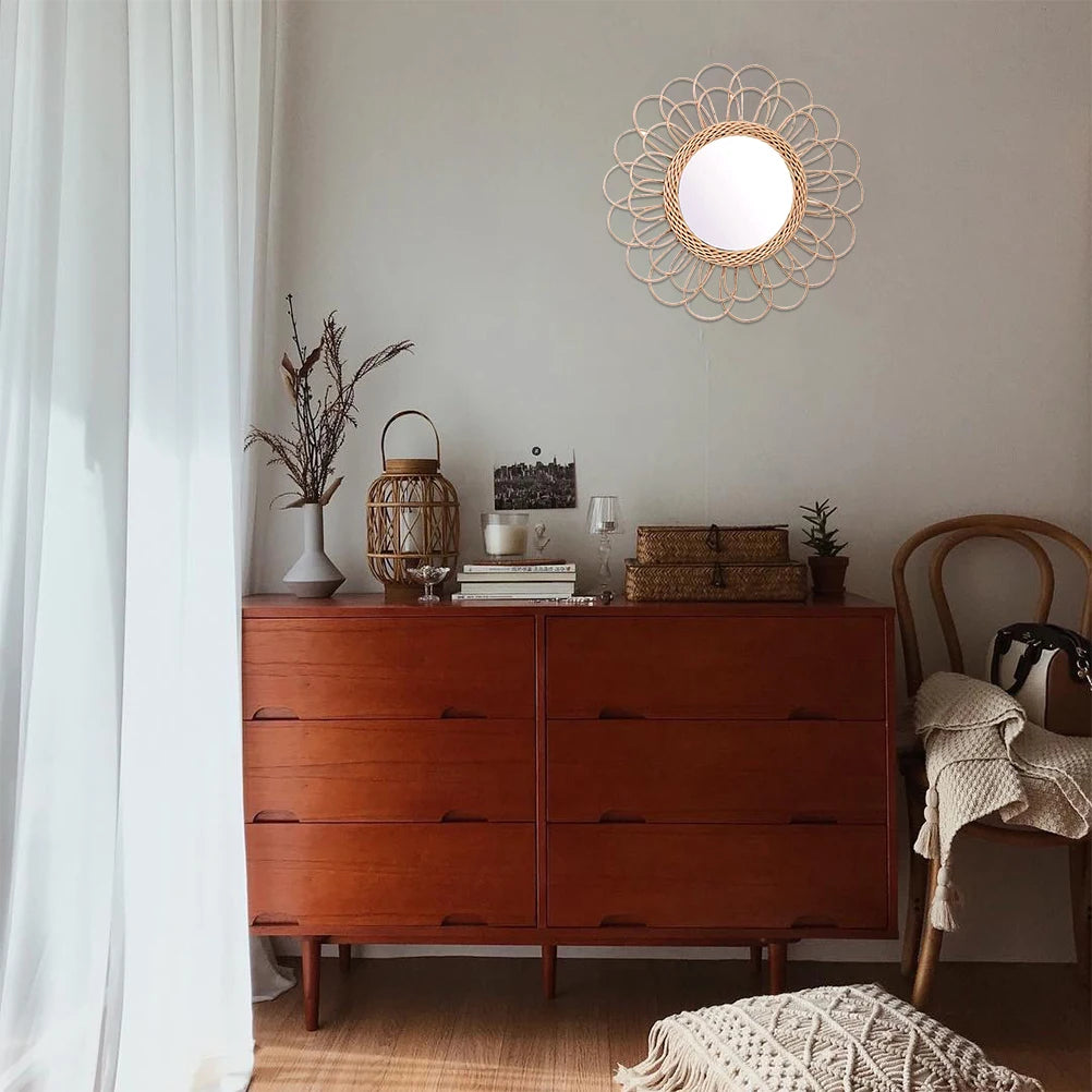 miroir suspendu en rotin motif tournesol décoratif boho - vue 6 sur 6