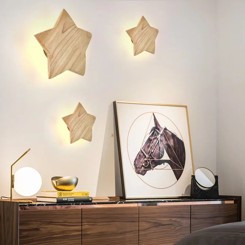 applique murale led étoile en bois art créatif moderne japonais coréen - vue 4 sur 7
