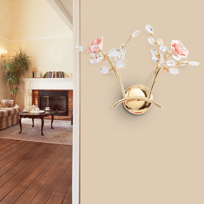 applique murale dorée en cristal et céramique à fleurs de luxe - vue 4 sur 7