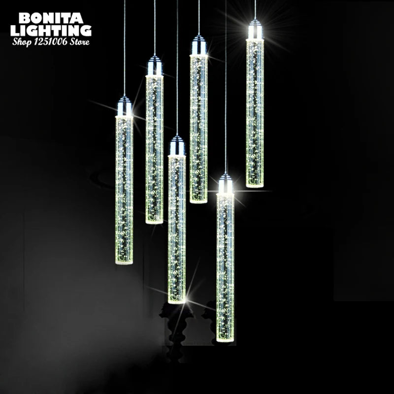 Suspension led moderne minimaliste bulle K9 lampes suspendues en cristal salle à manger cylindre long tube lampes suspendues haut plafond - vue 6 sur 8