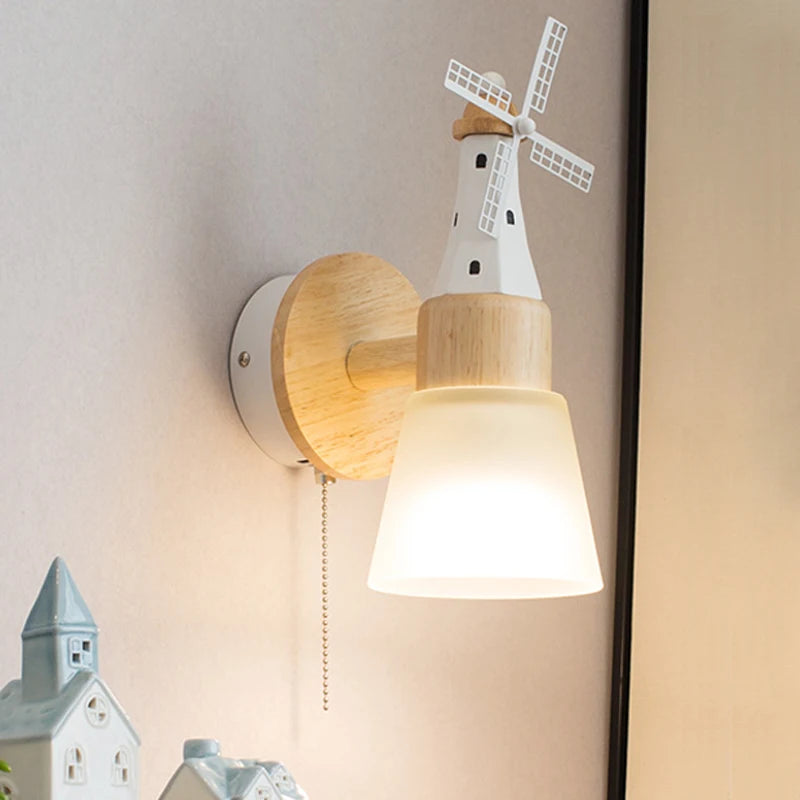 Décor nordique moulin à vent applique murale appliques pour la maison salon enfants chambre chevet miroir lumières bois luminaire - vue 2 sur 8