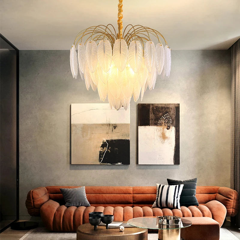 LED moderne verre blanc plume d'oie or argent Lustre éclairage Lustre lampes suspendues Suspension Luminaire Lampen pour Foyer - vue 5 sur 15
