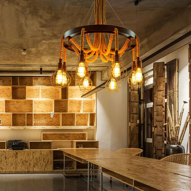 lustre rétro style industriel en corde de chanvre - vue 6 sur 7