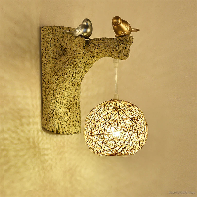 applique murale style chinois lampe oiseaux résine rotin - vue 4 sur 8