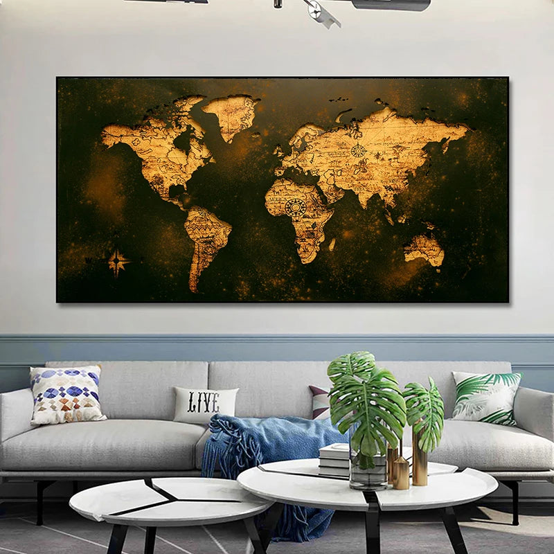 carte du monde vintage peinture sur toile art mural décoratif