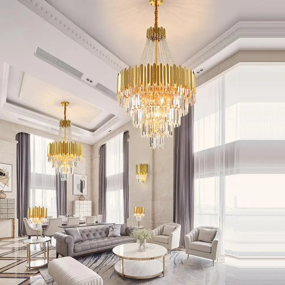 lustre en cristal design art déco en acier inoxydable avec éclairage led - vue 5 sur 19