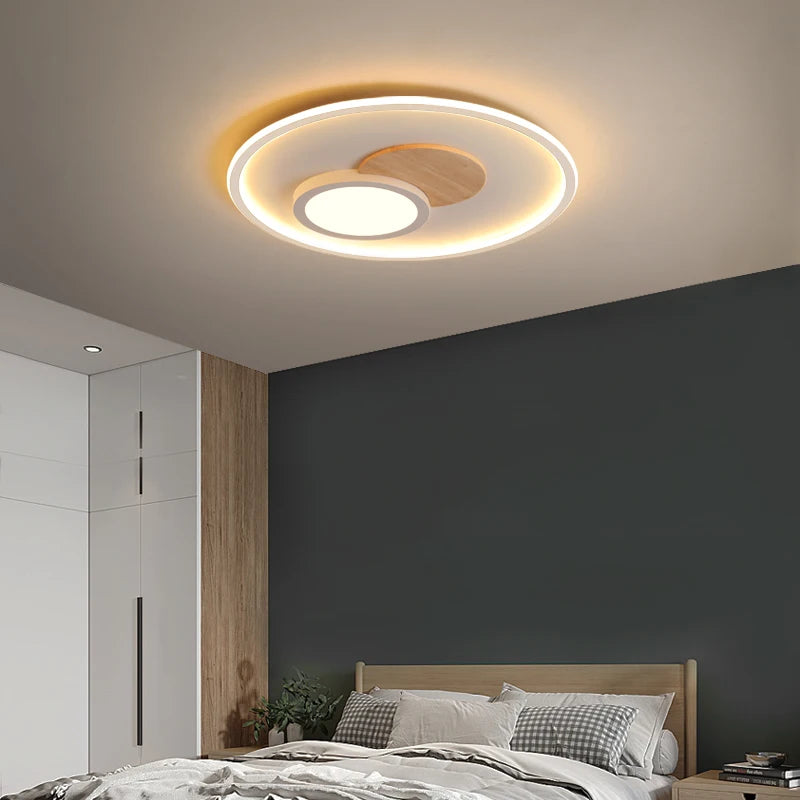 plafond moderne à leds en bois véritable éclairage rond - vue 5 sur 16