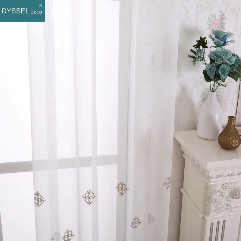 Voilage tulle brodé fleurs bord festonné style européen