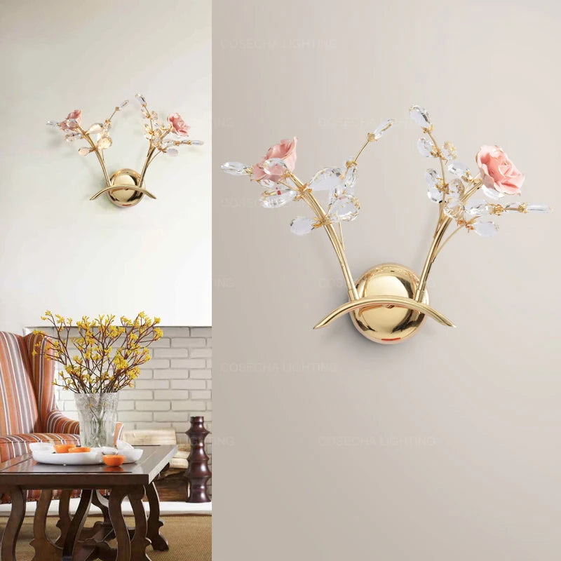 applique murale dorée en cristal et céramique à fleurs de luxe - vue 3 sur 7