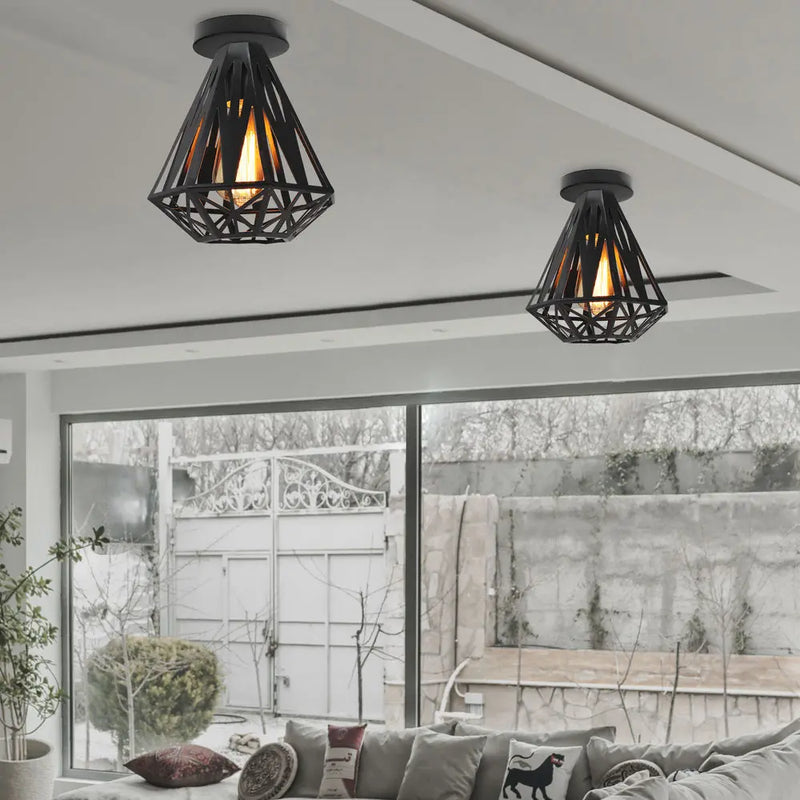 suspension industrielle vintage cage fer art diamant led
