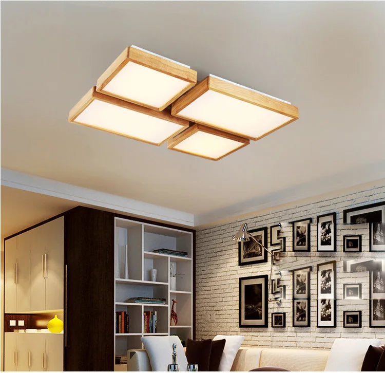 plafonnier led carré en bois grain de bois style nordique - vue 2 sur 6
