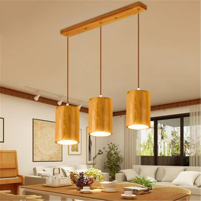 Suspension en bois simples nordiques de créateur lampe suspendue led cuisine île bar hôtel décor à la maison E27 - vue 5 sur 9