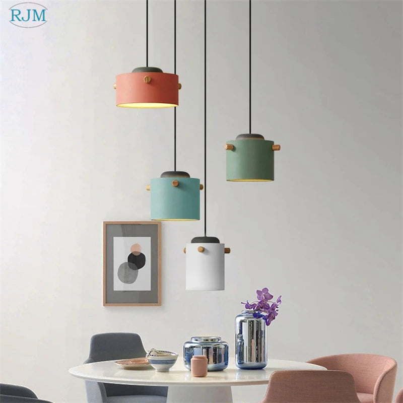 lampe suspendue nordique créative macarons led bois