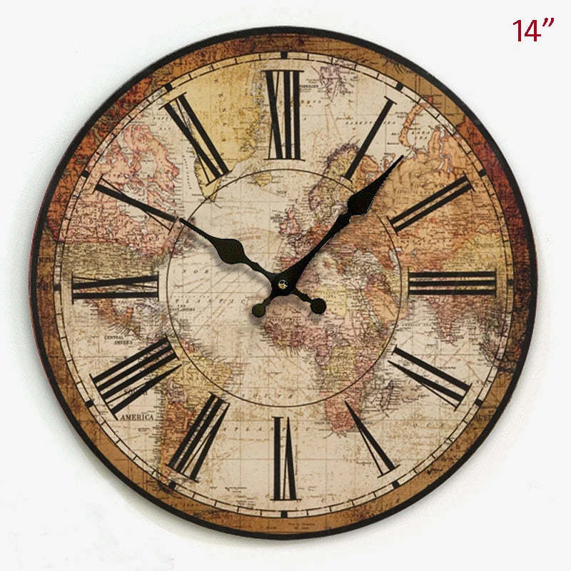 horloge murale vintage avec carte du monde décorative en bois