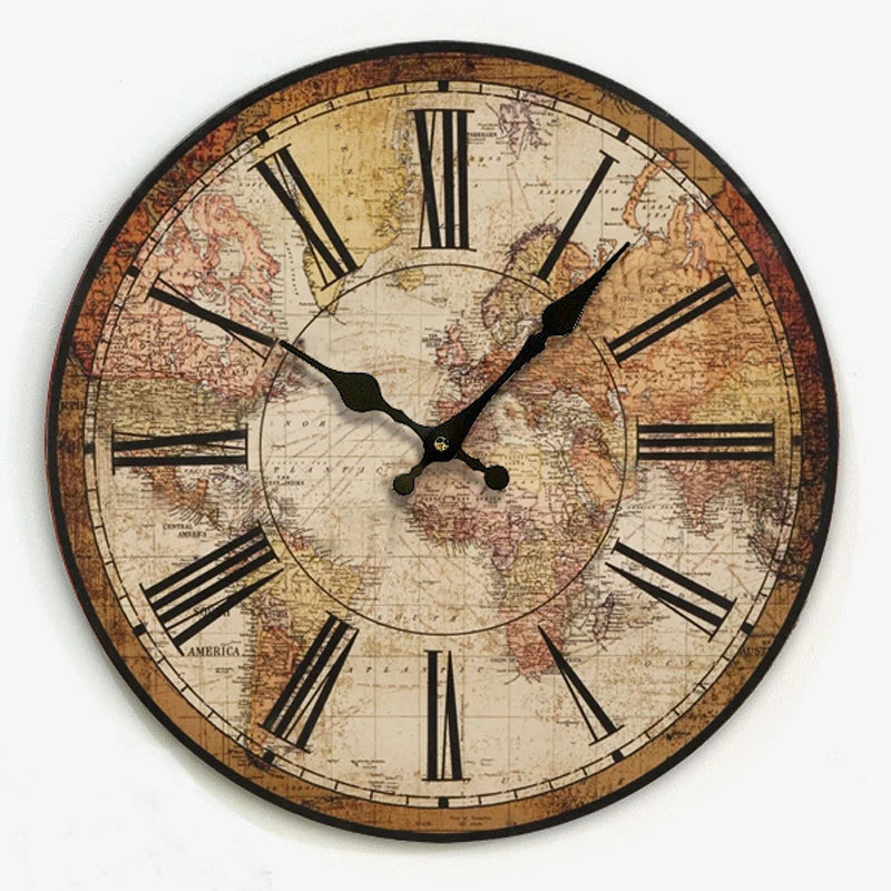 horloge murale vintage avec carte du monde décorative en bois