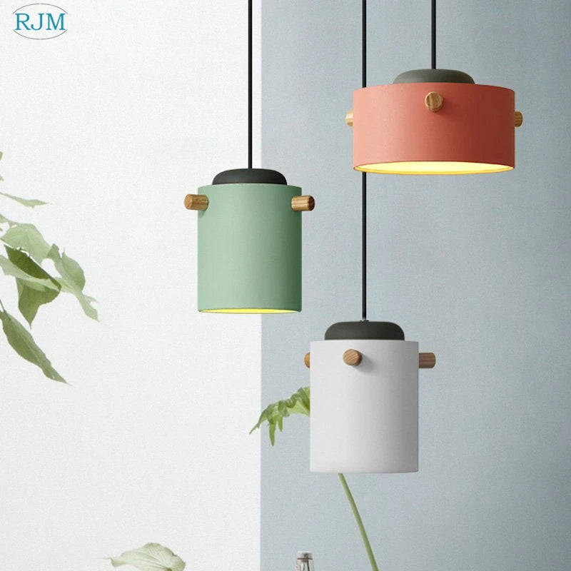 lampe suspendue nordique créative macarons led bois