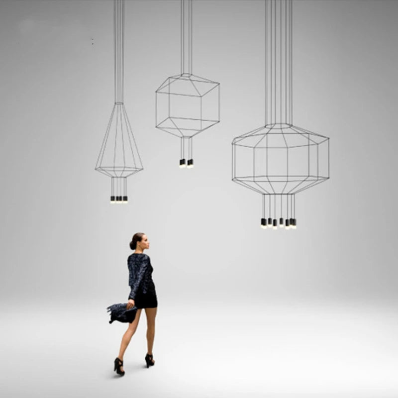 Postmoderne Long lustre noir Design Led Wireflow lustres salle à manger hall Loft maison décorer escalier lumière rustique - vue 3 sur 6