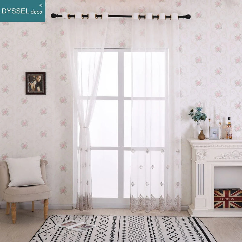 Voilage tulle brodé fleurs bord festonné style européen