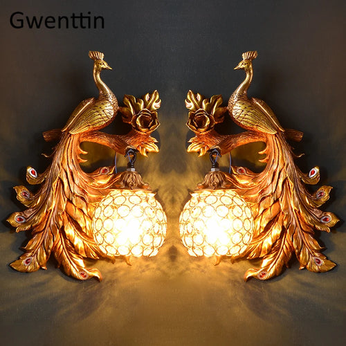 applique murale vintage paon doré en cristal décoratif