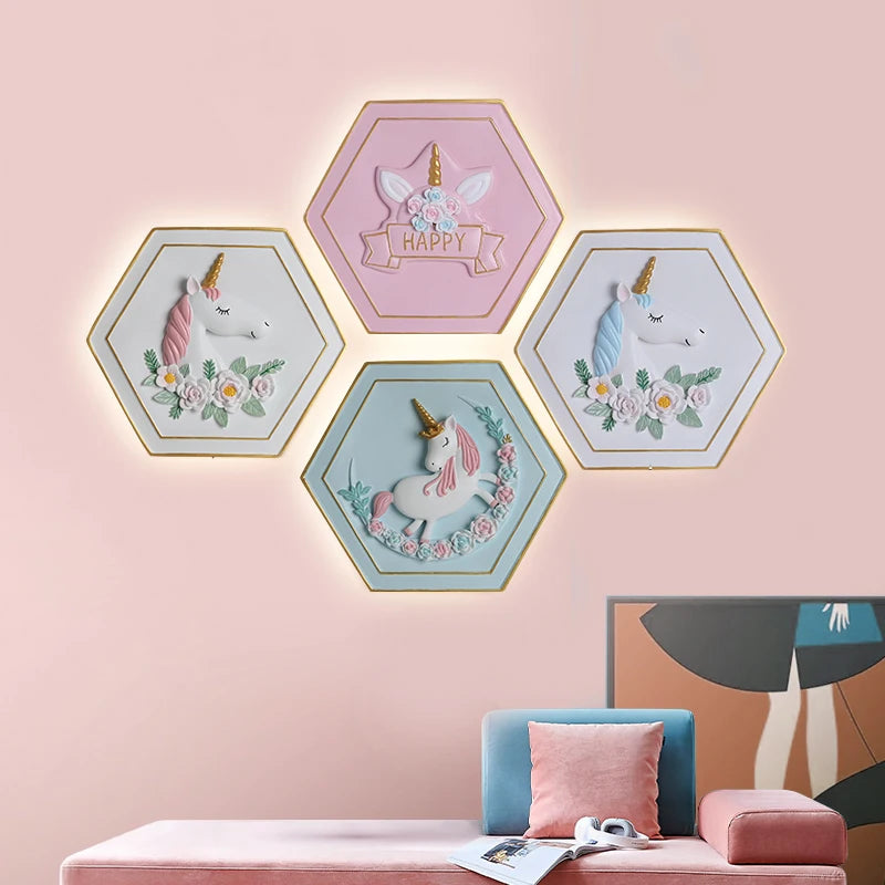applique murale licorne princesse dessin animé avec interrupteur hexagonal