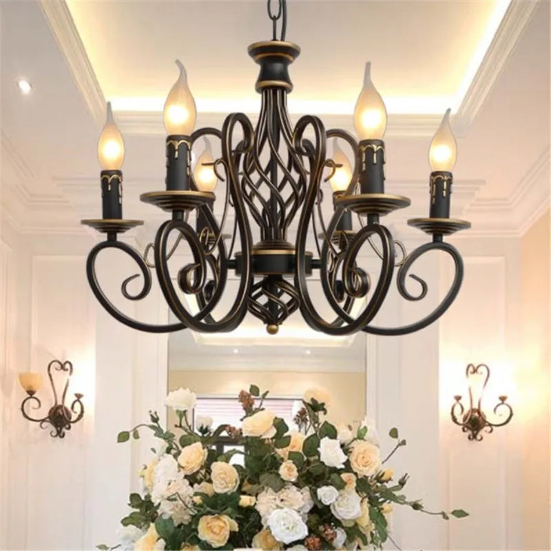 lustre vintage européen en fer avec bougies à led - vue 6 sur 8