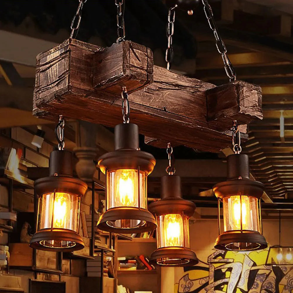 lustre vintage oukaning 4 lumières en bois suspendu industriel - vue 4 sur 6