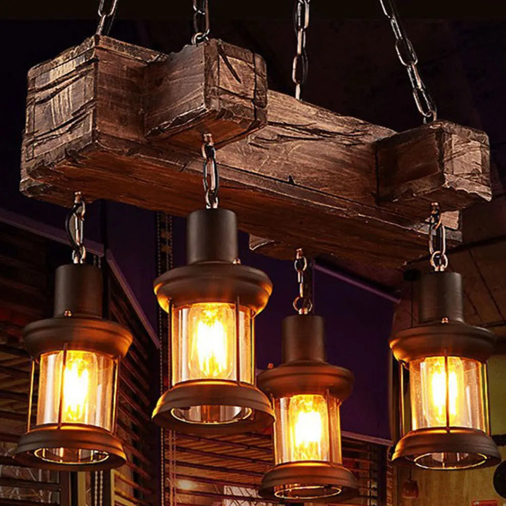 lustre vintage oukaning 4 lumières en bois suspendu industriel - vue 5 sur 6
