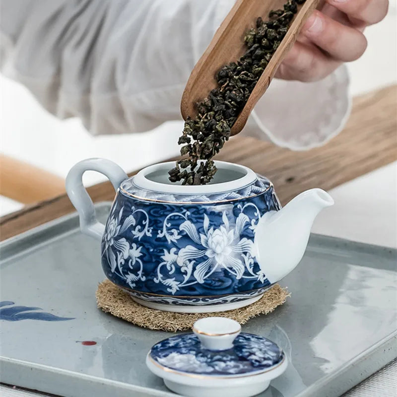 Théière chinoise porcelaine motif traditionnel portable artisanale - vue 3 sur 7