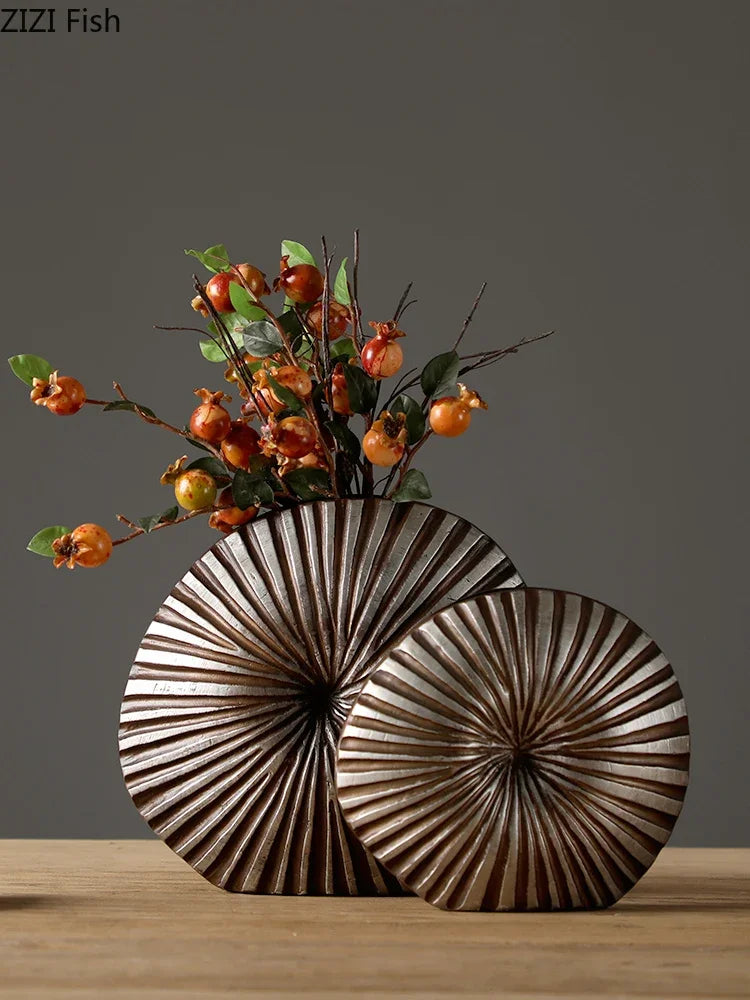 vase floral en résine à fleurs moderne rayures bois - vue 3 sur 10