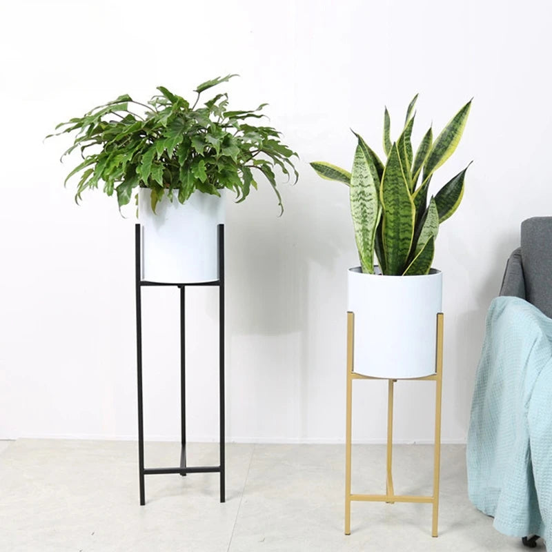 pot de fleurs en céramique nordique avec étagère en métal décorative