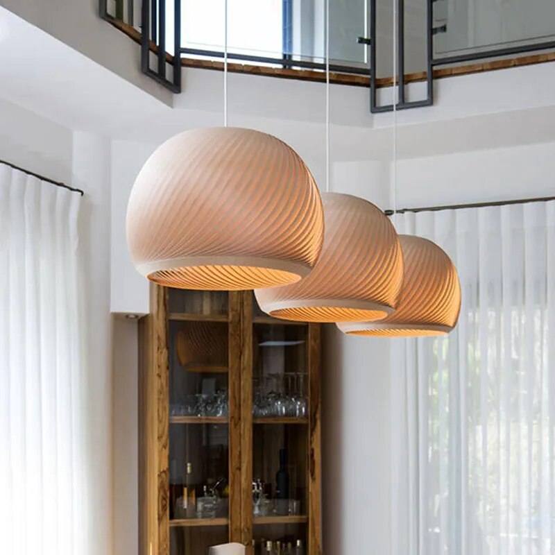 Suspension LED demi boule en bois simple