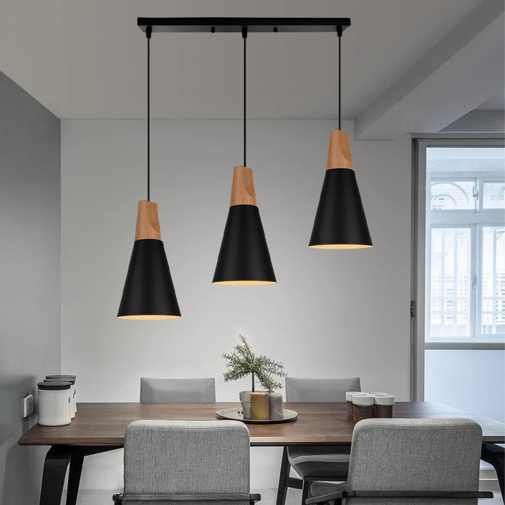 suspension macaron nordique en bois 3 têtes pour bar restaurant - vue 4 sur 24