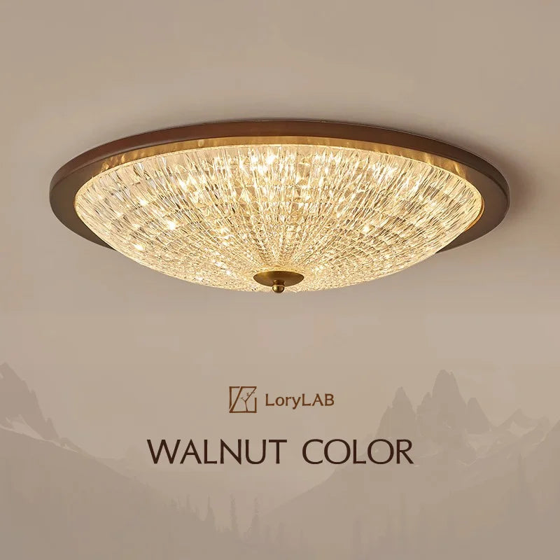Engraved Crystal Acrylic Walnut Color Wood, French Retro Art Vintage, Ceiling Light for Living Room, Dining Room, Bedroom, Study