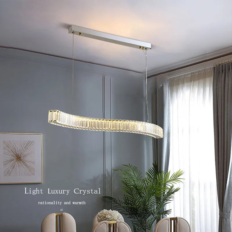 lustre moderne en acier avec cristaux et lumières led suspendues - vue 4 sur 8