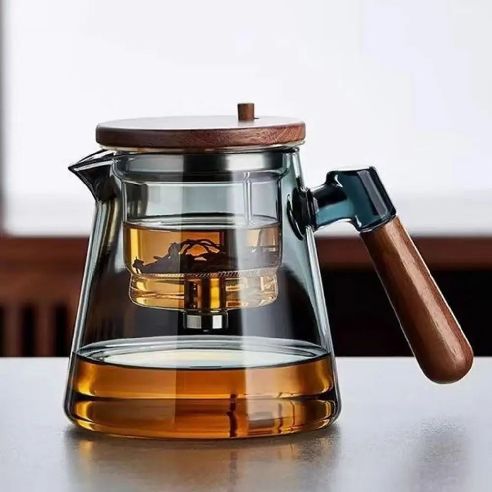 Theiere verre pression kungfu paresseux poignee bois infuseur