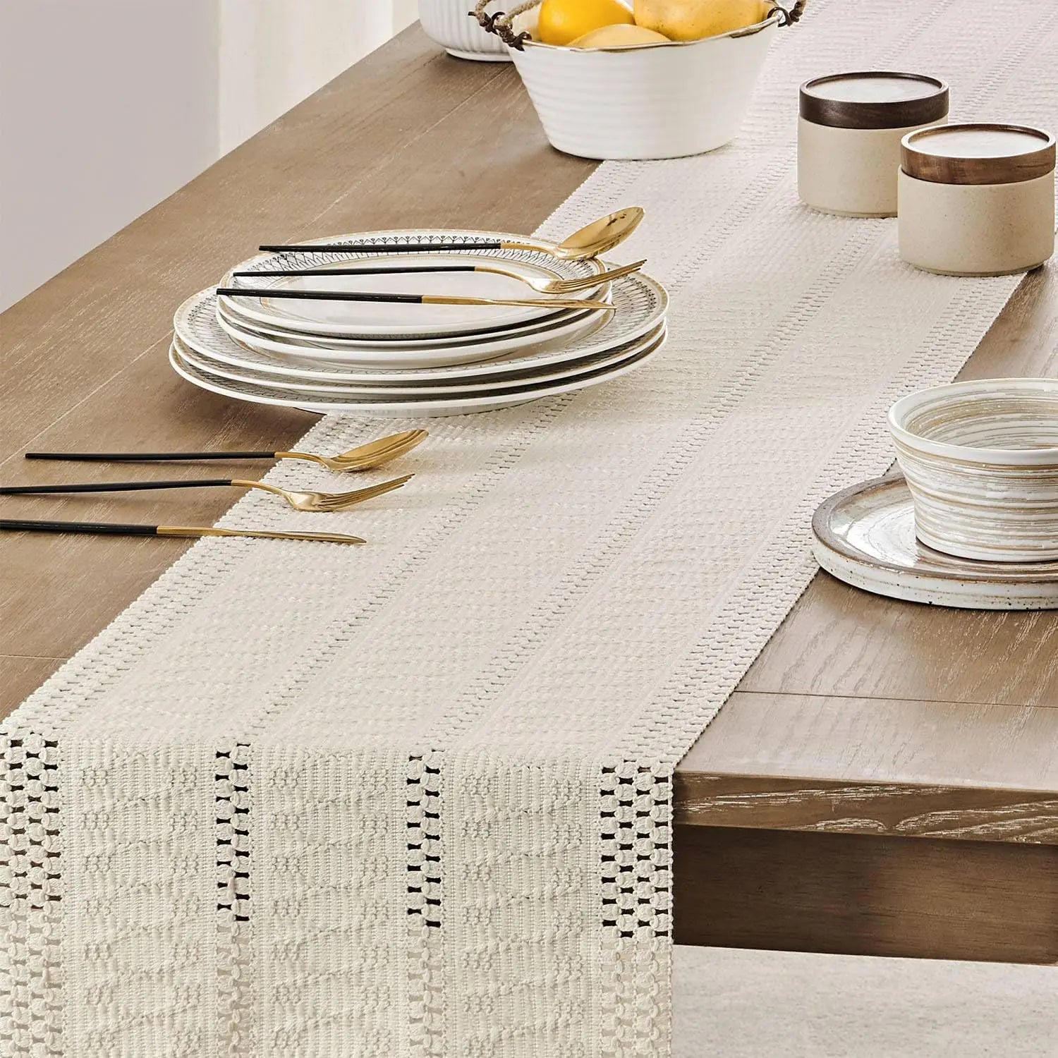 Chemin de table macrame boheme ivoire franges - vue 7 sur 7