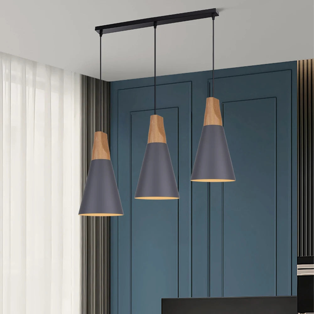 suspension macaron nordique en bois 3 têtes pour bar restaurant - vue 5 sur 24