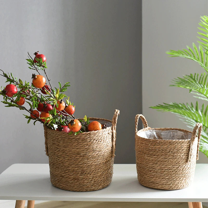 panier de rangement en jonc de mer fait main pour plantes et fleurs - vue 6 sur 9